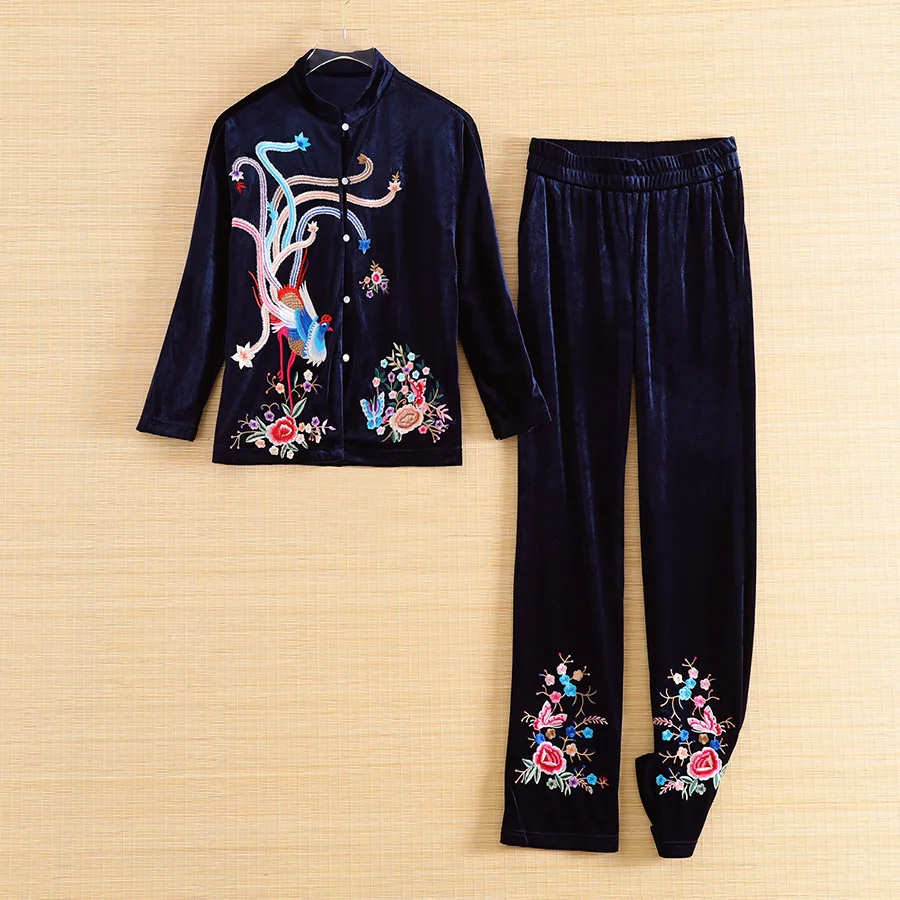 

High-end Women Floral Spring Vintage Embroidery Coat Top + Blue Pants Flowers Elegant Lady Casual Velvet Suit set S-XXL