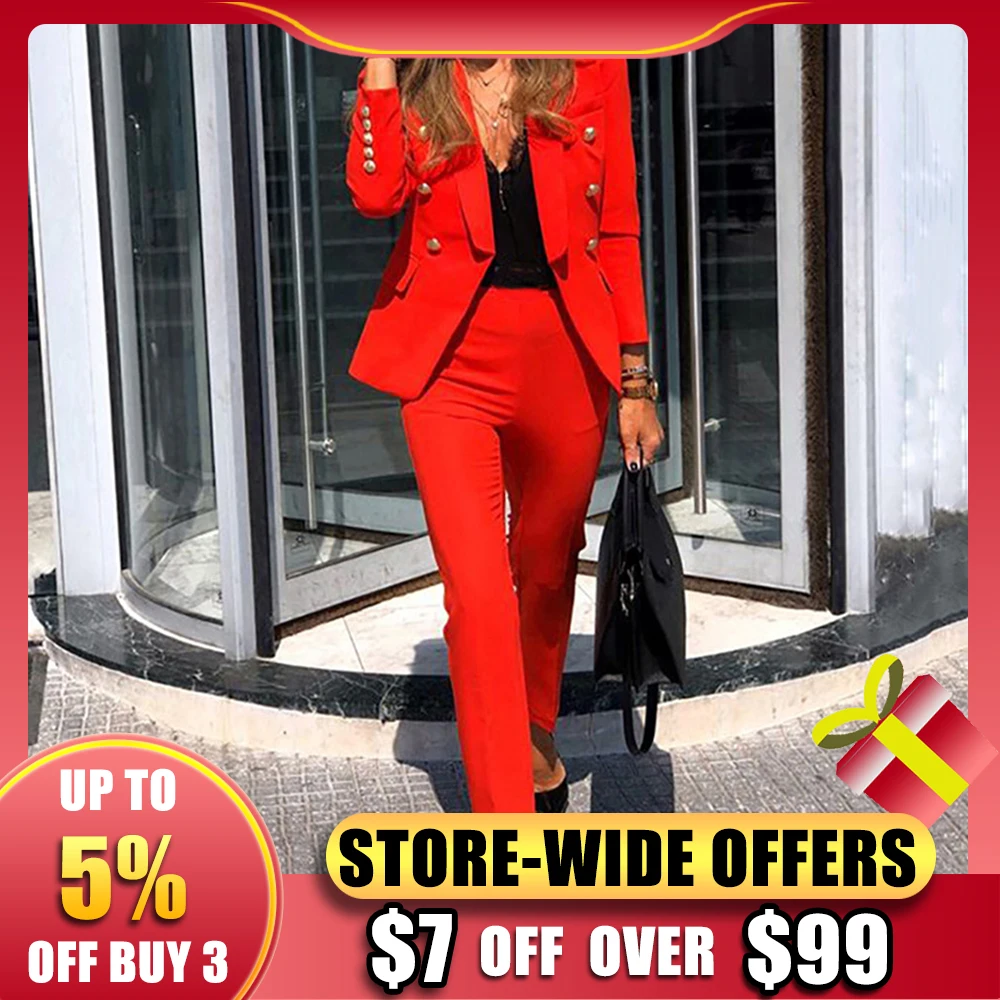 

Women Red Solid Suit Set 2-Piece Blazer Pencil Pantsuits Office Lady Wear Button Jacket And Pants Casual Elastic Outfits Autumn