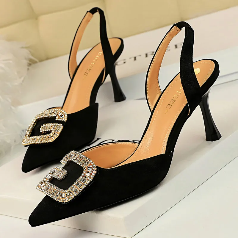 

New women sandals Party Slip-On Solid 7cm Thin high Heels Shallow Fashion belt buckle Blingbling Flock Sexy Female pumps shoes