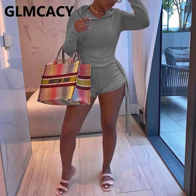 

Women Long Sleeve Hooded Shirt Top and Shorts Set Two Piece Chic Suits