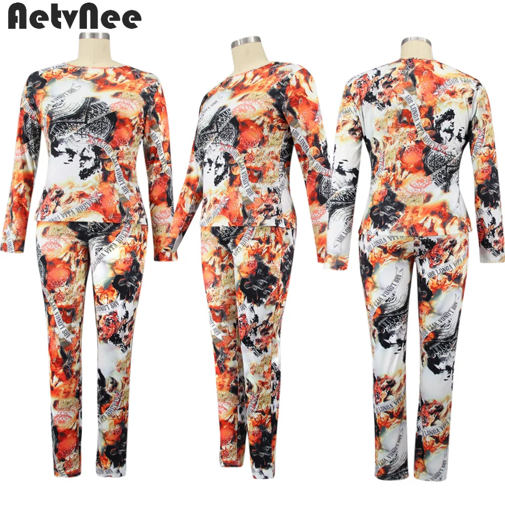 

Plus Size Print Sets Women 2021 Fall O-Neck Long Sleeve T-Shirts Tops Elastic Bodycon Pants Two Piece Set Casual Street Clothes