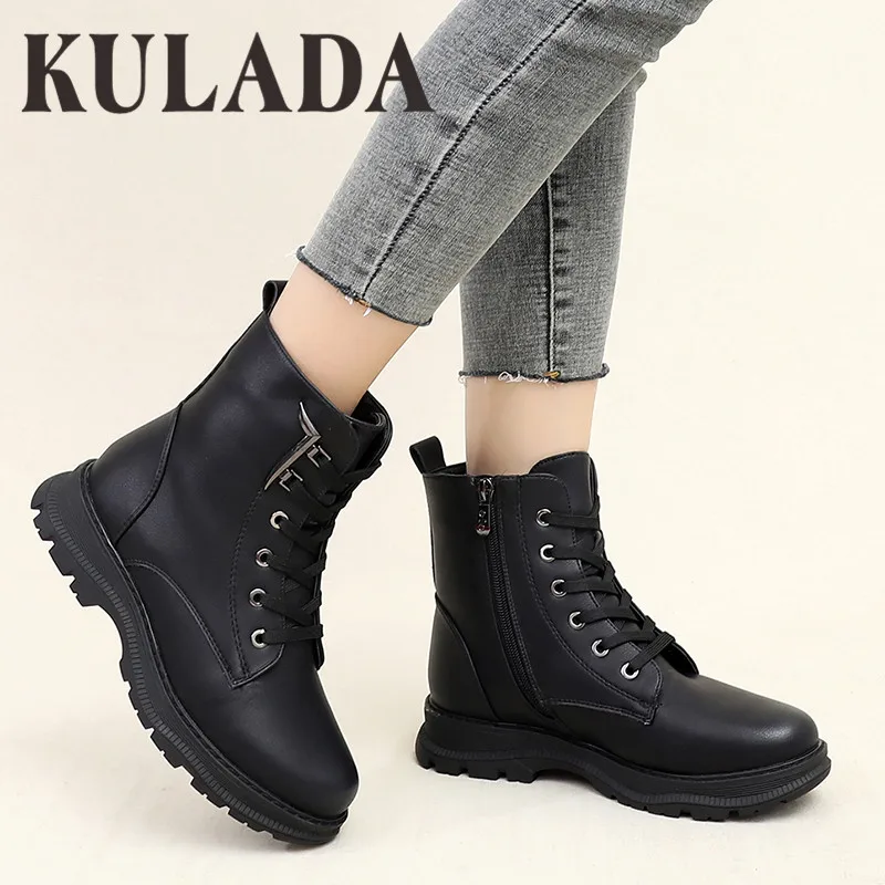 KULADA/новые ботинки Женские зимние модные черные ботильоны в европейском стиле