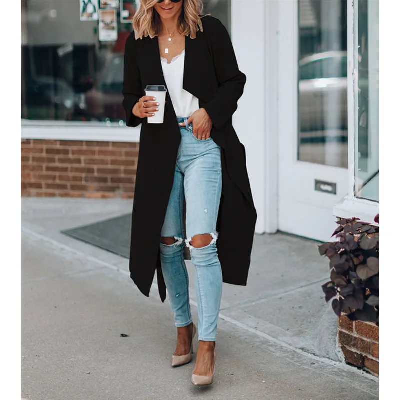 

Wholesale Classical Streetwear Women Pure Color Cardigan Long Trench 2020 Spring Femme Long Sleeve V Neck Overcoats 3 Color