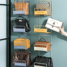 Punch-free Hanging Bag Storage Rack Shelf Iron Double Layers Handbag Storage Rack Wall-mounted Bag Holder Home Organizer Shelves