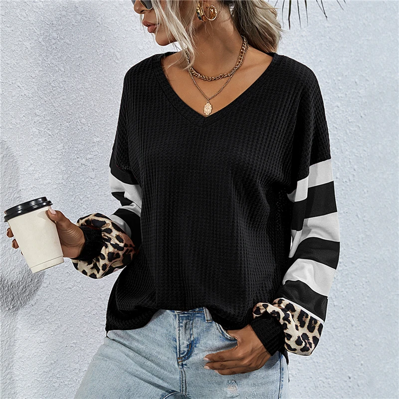 Женская футболка в полоску с леопардовым принтом V образным вырезом|Футболки| |