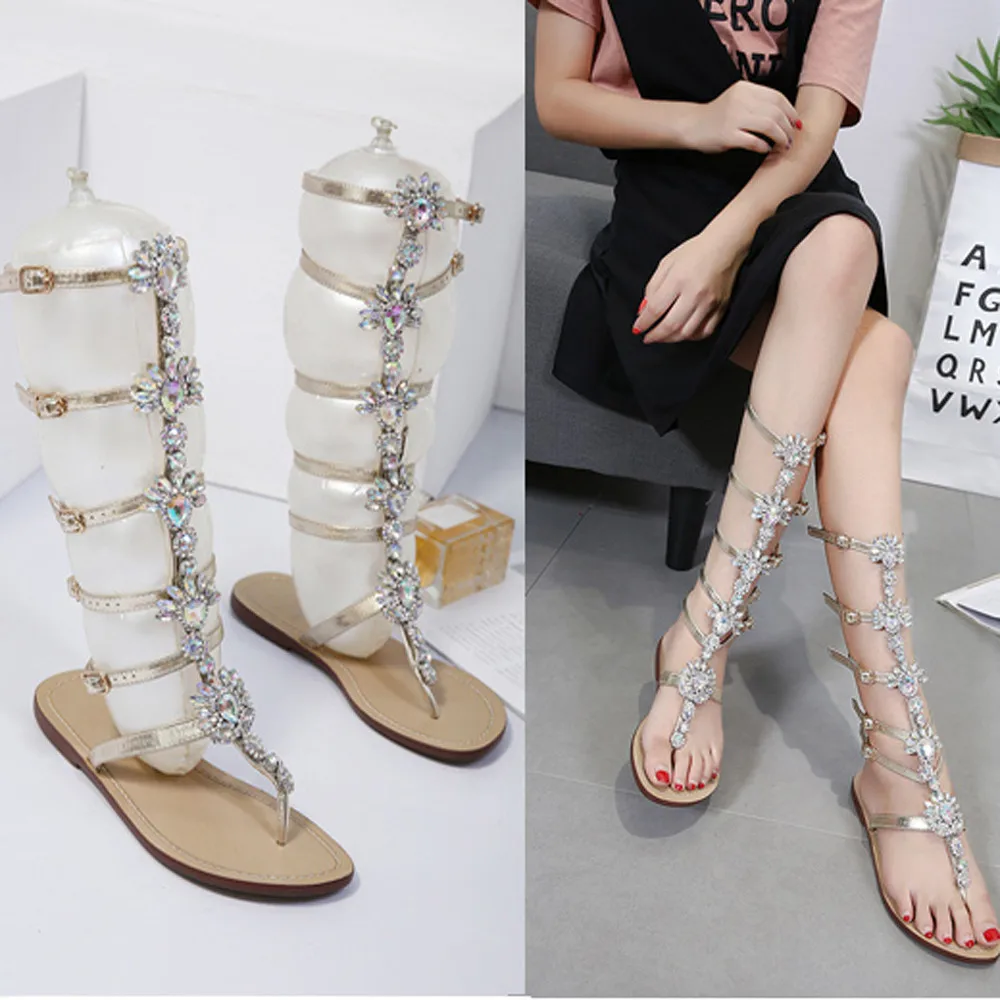 Летние блестящие сандалии с цепочкой и стразами Женская обувь в стиле ретро Т