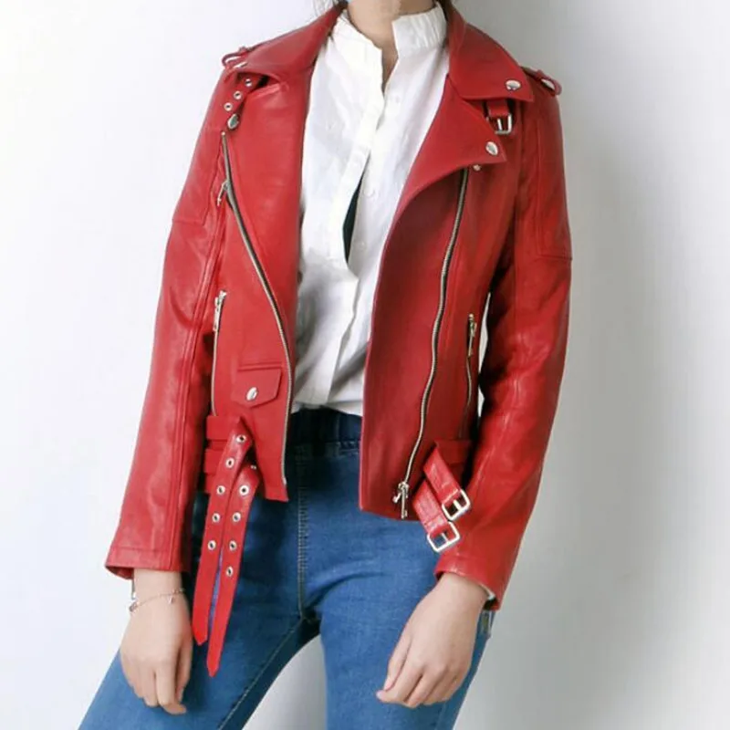 

Genuine Leather Jacket Women Fashion Punk Casual Real Sheepskin Slim Fit Motorcycle Zipper Ladies Red Coat Female Brand Clothing