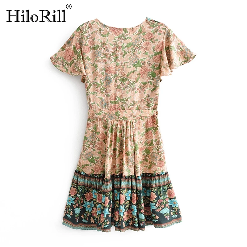 

HiloRill Summer Floral Print Mini Dress V Neck Vintage Pleated Dress Short Sleeve Beach Boho Dress Sundress Vestido De Mujer