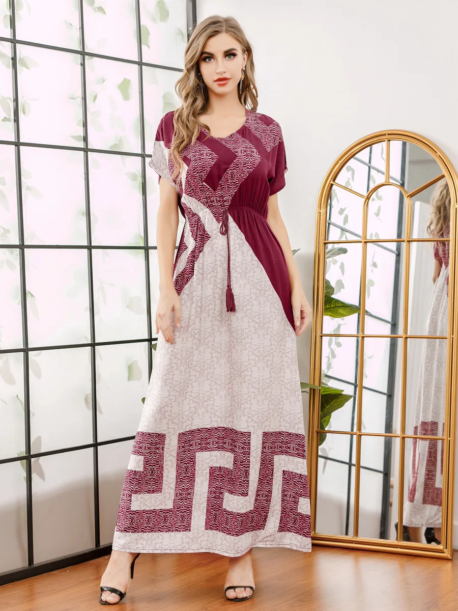 

Xl Summer Women's Dress New Fashion Waist Round Neck Positioning Printing Rayon Elegant Arabic Floral Loose Ladies Long Skirt