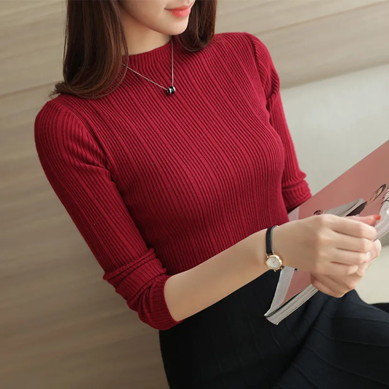 

2021 New High Quality Autumn Winter Women Sweater Pullovers Knitwear Solid Half Turtleneck Long Sleeve Sexy Slim Chandail Femme