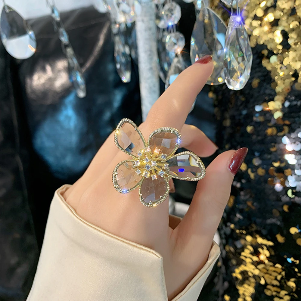 

New Design Fashion Women Rings Jewelry Opening Luxury Shiny Party Ring Flower Ring exaggerated luxury Cocktail Party