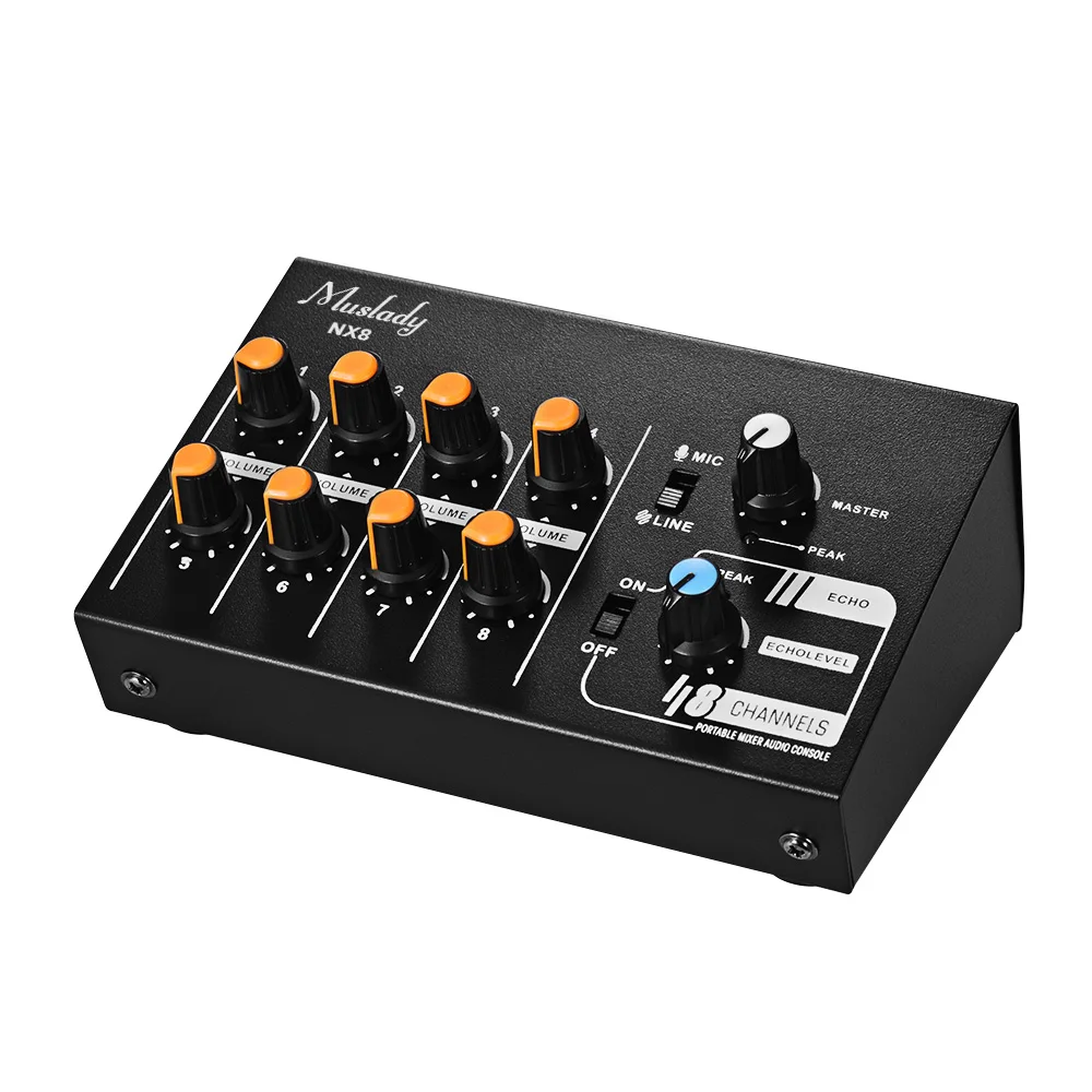 

Muslady NX8 8 Channels Ultra-compact Stereo Audio Sound Mixer Low Noise with Echo Function High-sensitive Audio Mixer
