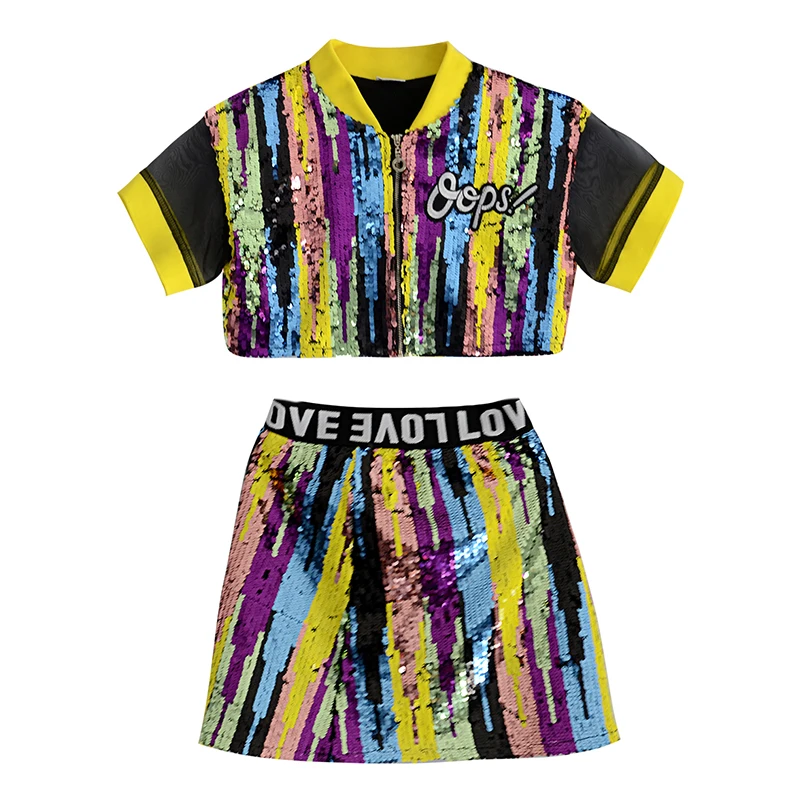 Летние Джаз сценический костюм для девочек с пайетками топ + юбка Одежда танцев в