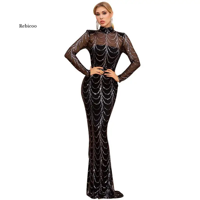 

Autumn Winter High Neck Wave Sequins See Though Women Maxi Dresses Elegant Long Sleeve Female Party Dresses
