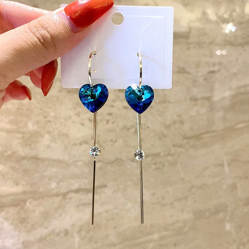 

New Korean Fashion Jewelry Statement Earrings Retro Long Tassel Blue Crystal Love Simple Earrings Oorbellen Earrings For Women