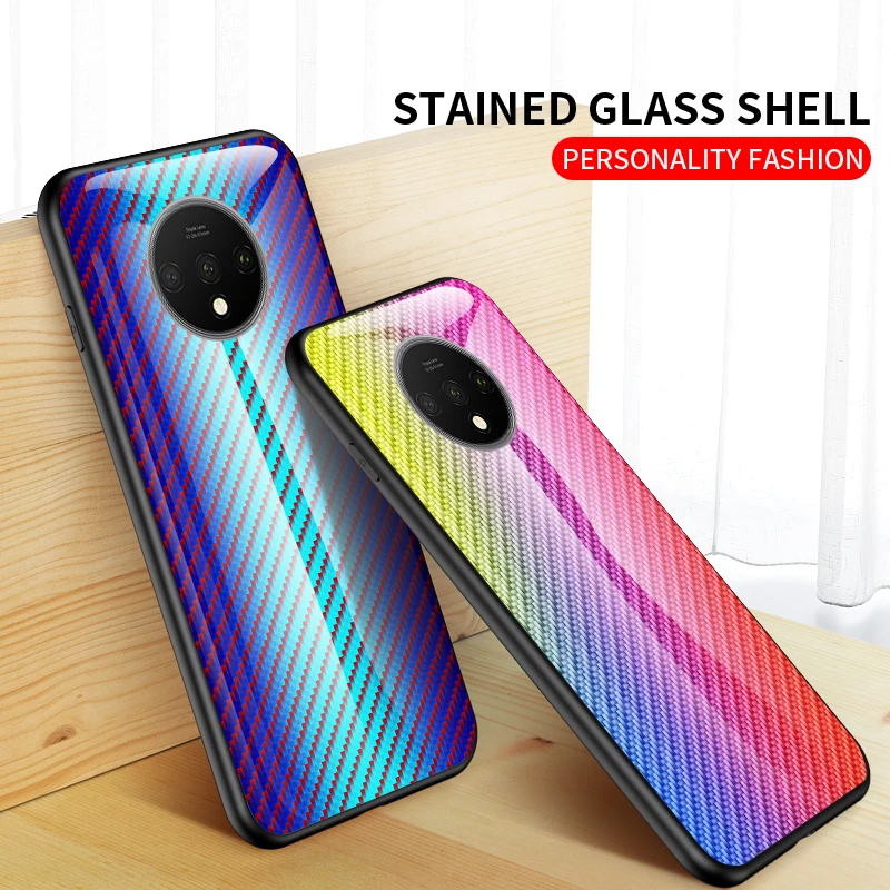 KEYSION Tempered Glass Case for Oneplus 7T Pro Carbon fiber Silicone Phone Back Cover 7 6 6T 1+7t 7TPro |