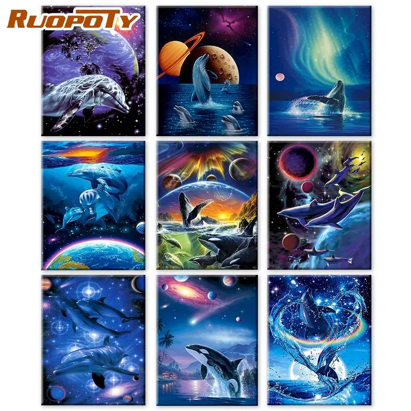 

RUOPOTY DIY Frame Painting By Numbers Planet Dolphi Paint By Number Kits HandPainted Scenery on canvas For Home Decor Art