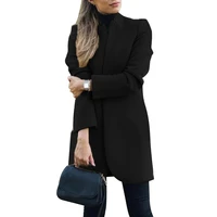 woolens overcoats women autumn winter stand neck long sleeve pockets thin wool coats casual female office work jackets plus size