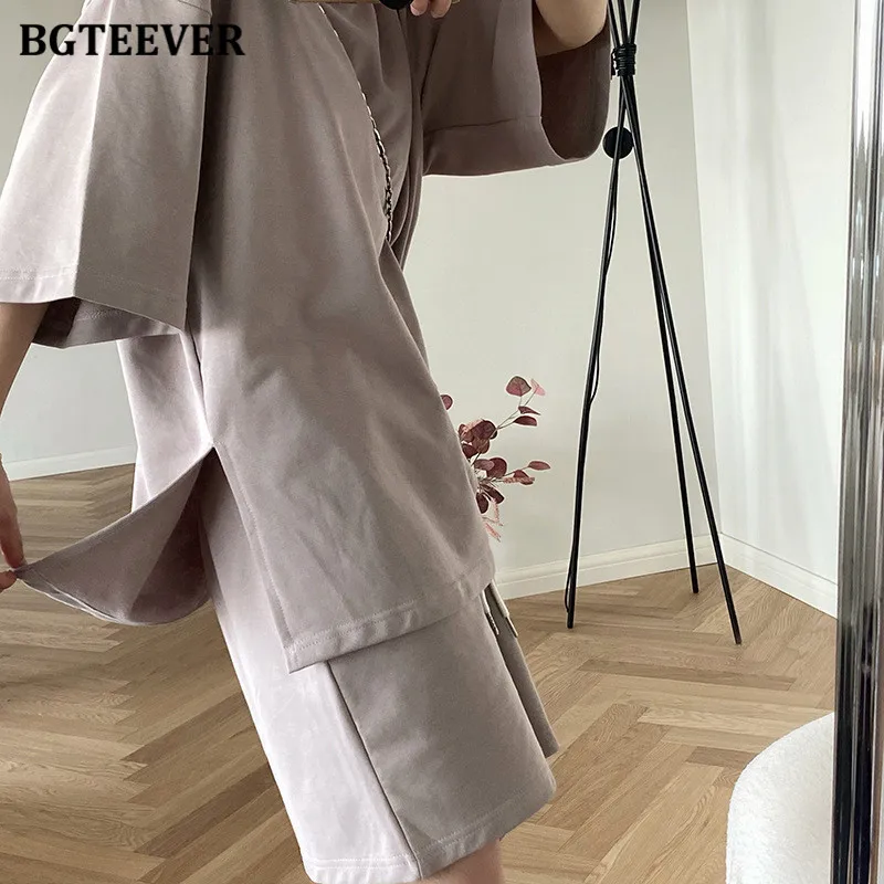 

BGTEEVER Casual Women Solid Tracksuit O-neck Side Split Female Tops & Drawstring Shorts 2021 Summer Casual Women 2 Pieces Set