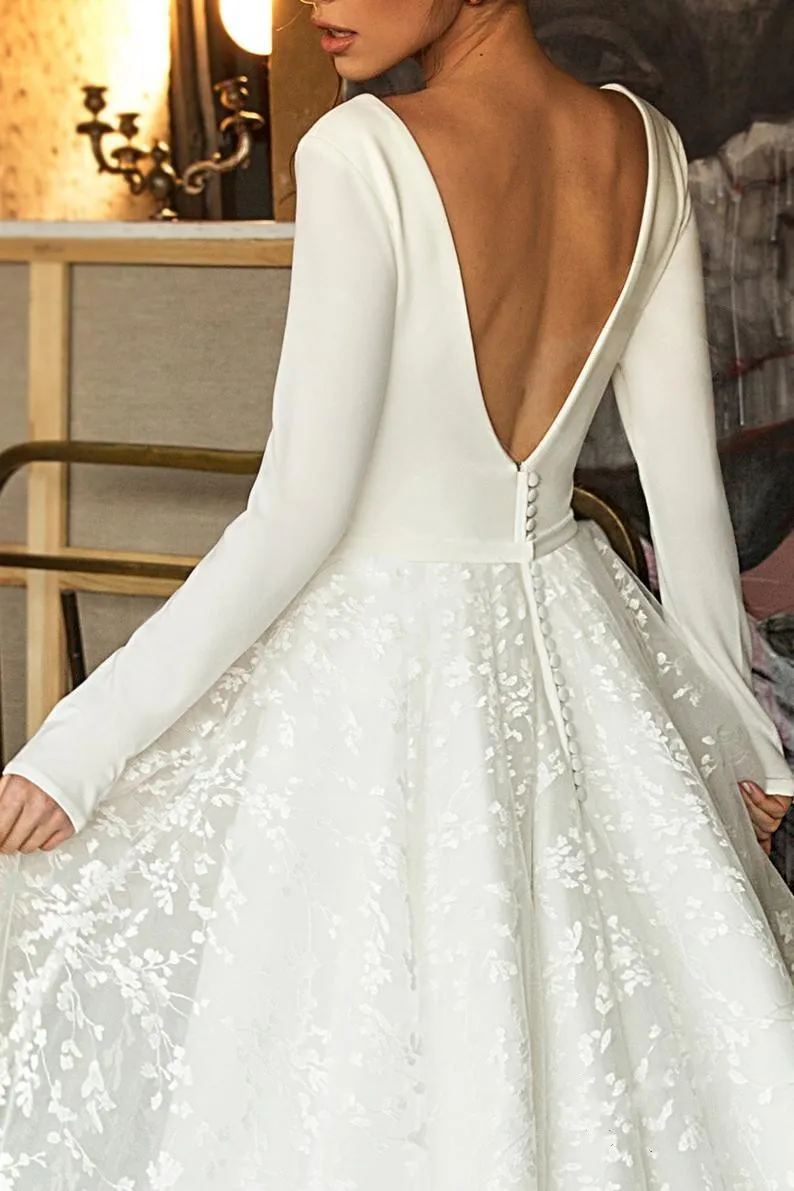 

Wedding Dresses V Neck Backless Boho Modern Long Sleeves Lace Beach Bride Gowns Vestido De Novia Robe De Mariee