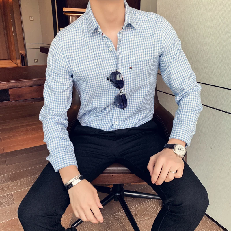 Мужская клетчатая рубашка Повседневная Свободная серого зеленого синего цветов