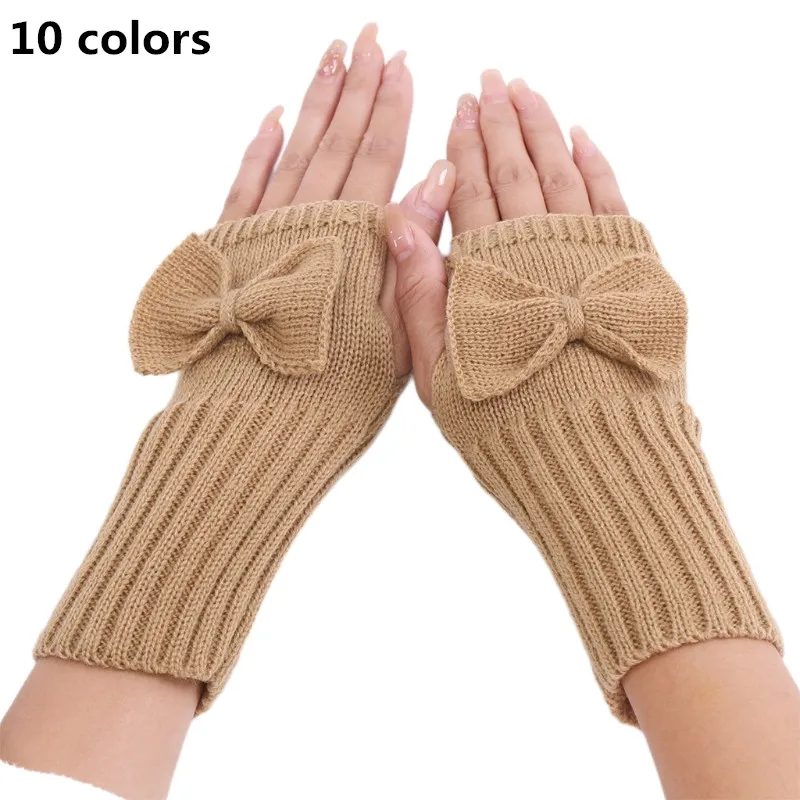 

Women Winter Crochet Knit Fingerless Gloves with Thumb Hole Solid Color Cute Bowknot Half Fingers Mittens Arm Warmers