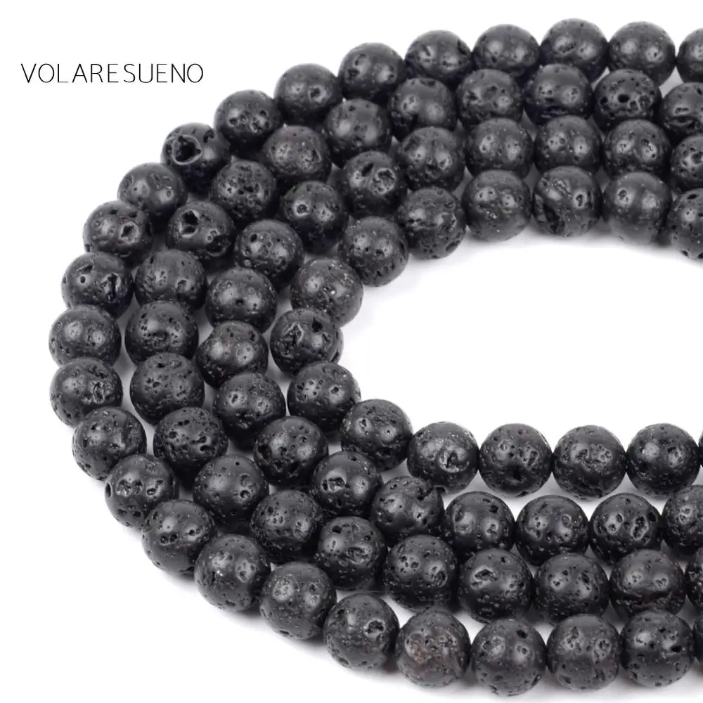 Круглые бусины из натурального черного лавового камня незакрепленные для