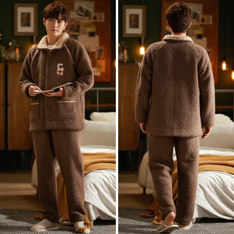 Ｍen's Ｗinter Coral Flannel Warm Full Sleeve Brown Colour Sleepwear Pajamas Set