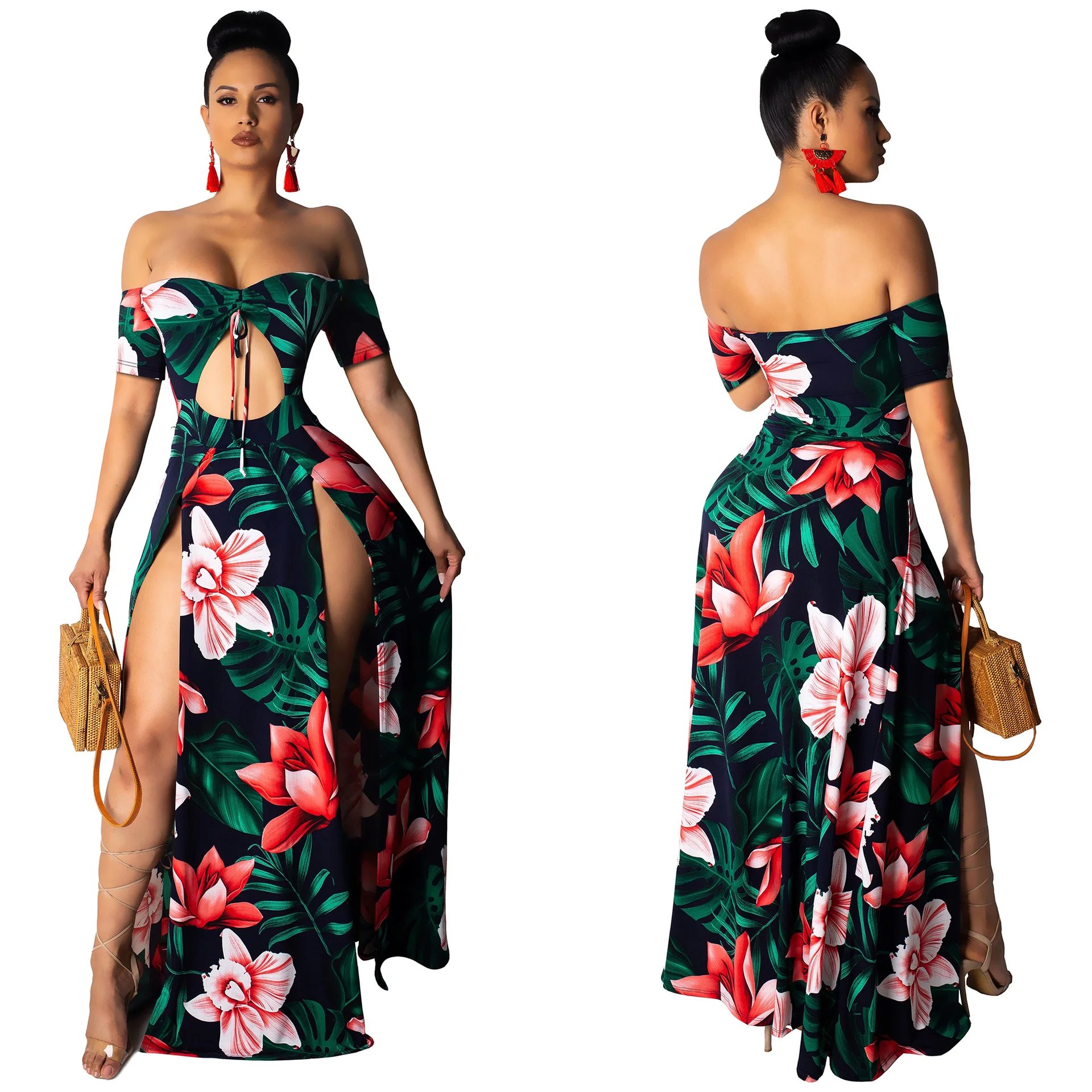 

Женское платье-бандо с цветочным принтом, длинное платье с открытыми плечами и разрезом, праздничный пляжный Сарафан Макси, Новинка лета 2021