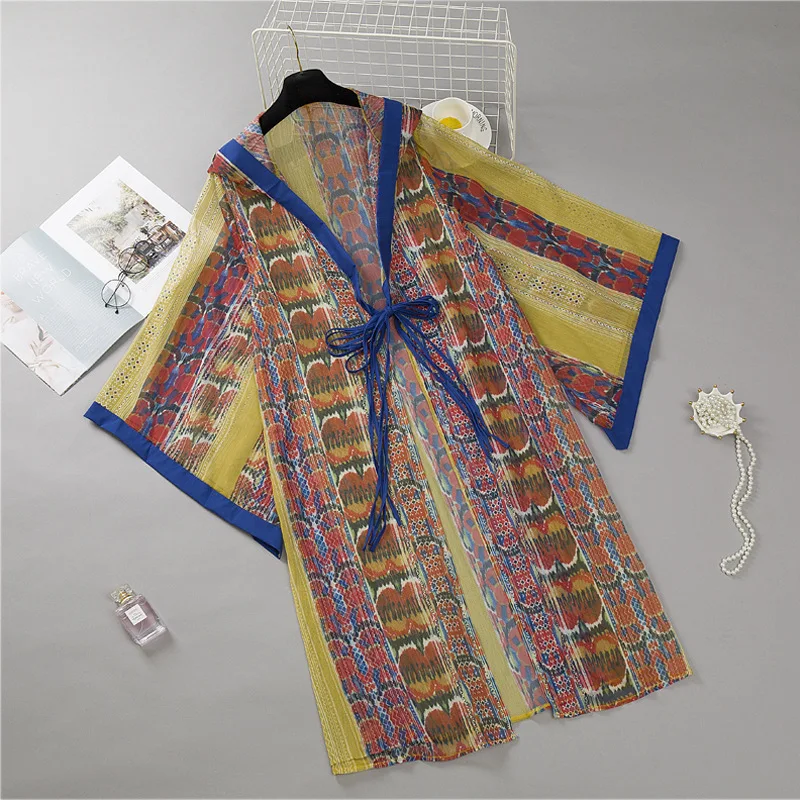 Летнее женское кимоно блузка с капюшоном длинным рукавом цветочным принтом