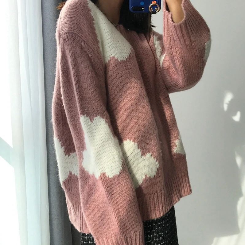 

Autumn New Mohair Personality Cloud Jacquard Loose Round Neck Pullover Thick Sweater Women