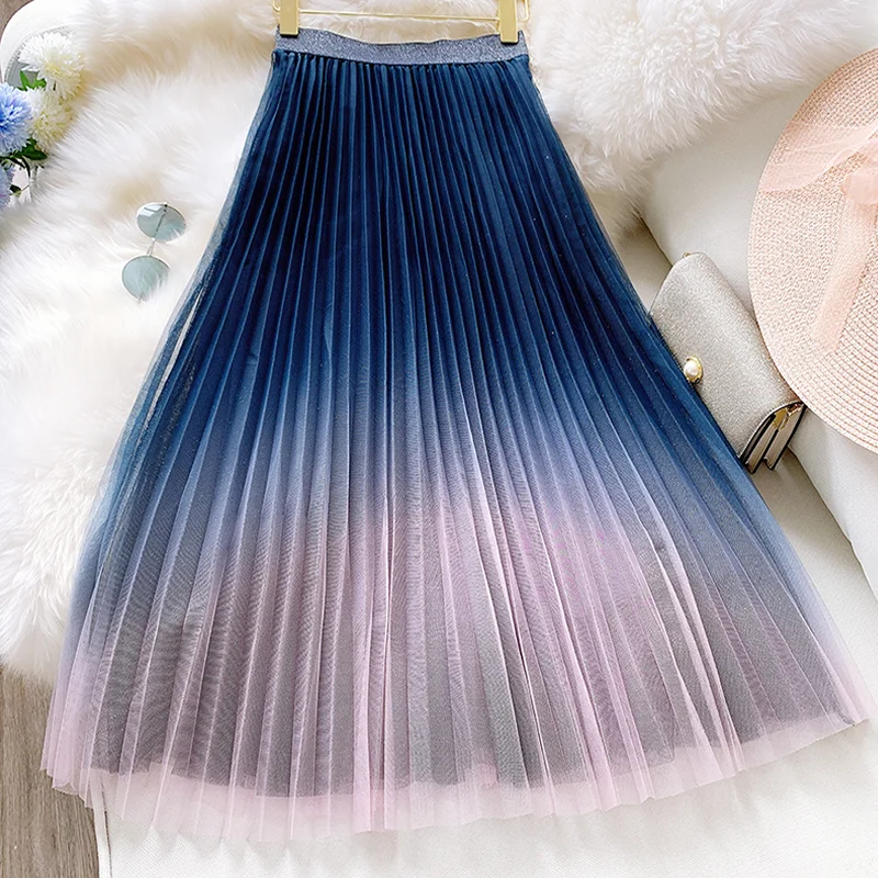 

Zeolore Women Gradient Color Mesh Skirt Spring Summer New Style Pleated Skirts Fairy Fashion Sweet A-line Long Midi Skirt JM0022