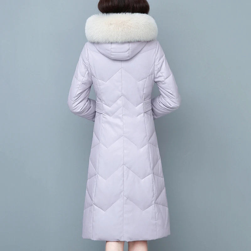 New Women Sheep Leather Down Jacket Autumn Winter 2022 Real Fox Fur Collar Hooded Thick Warm Sheepskin White Duck Down Coat