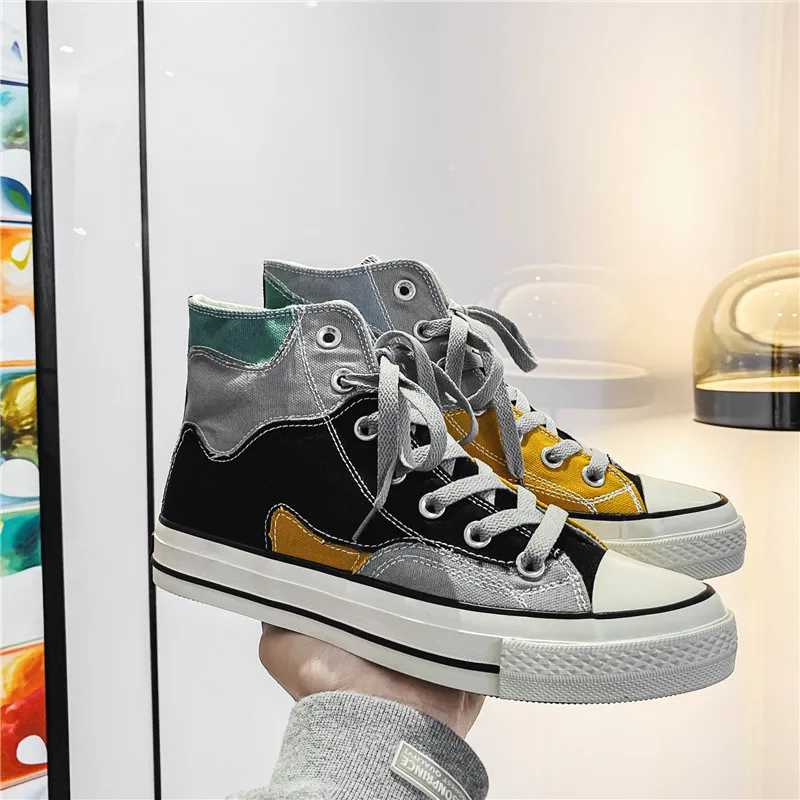 

2021 summer new men's high-top stitching canvas shoes high-top literary men's shoes comfortable leisure