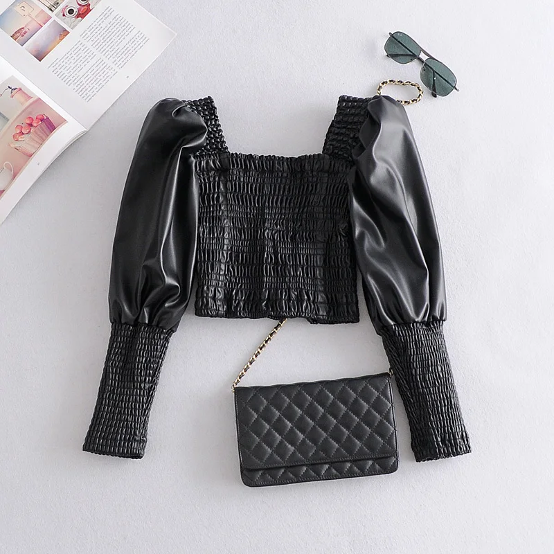 Женская кожаная рубашка с длинным рукавом открытой спиной | одежда