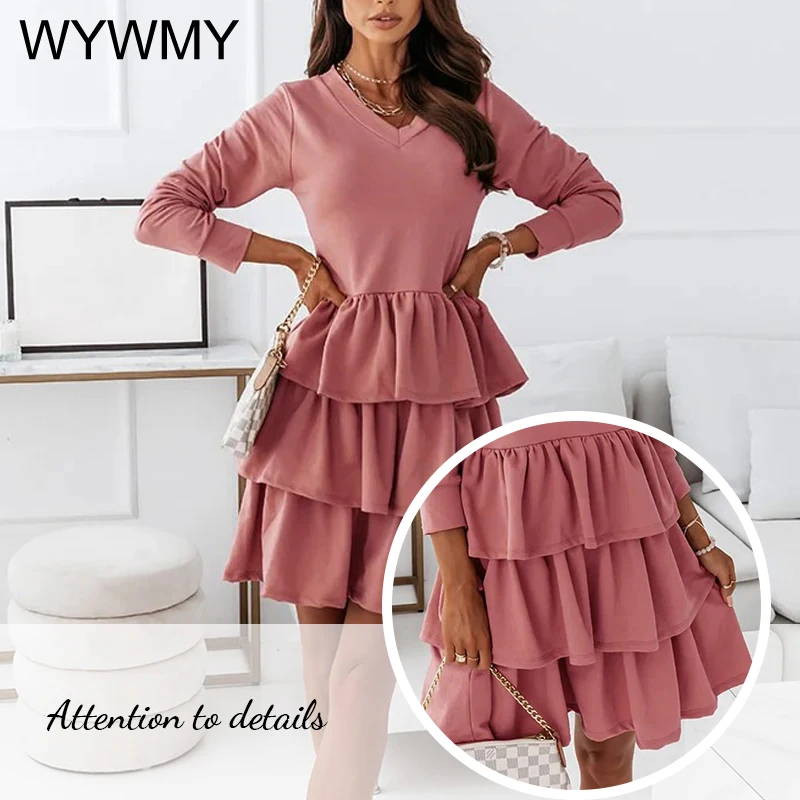 

WYWMY Autumn Butterfly Long Sleeve Pleated Dress Women Casual V-Neck Dress Elegant Solid Color Party Short Dress Vestidos
