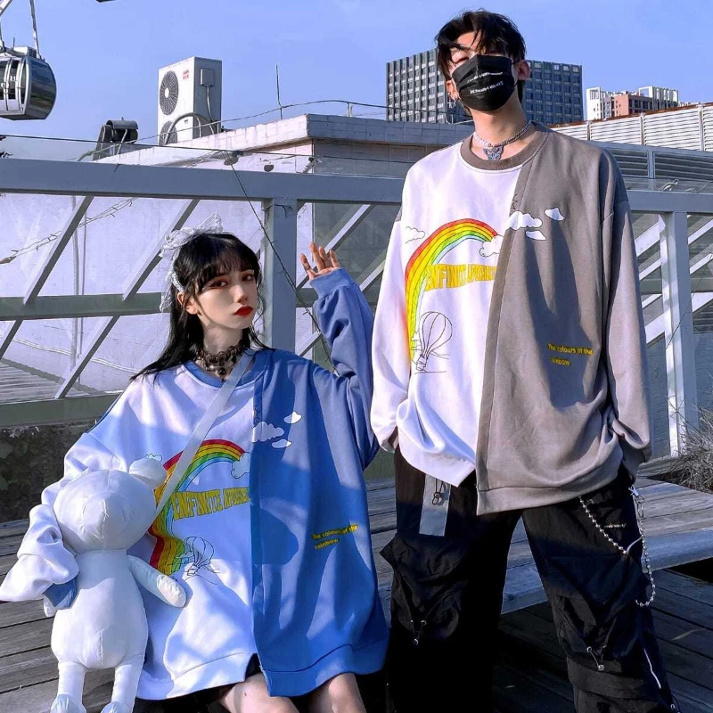 

Мужская одежда размера плюс, модный свитер в стиле хип-хоп с радужным принтом для пар, Женский Топ с длинным рукавом и круглым вырезом
