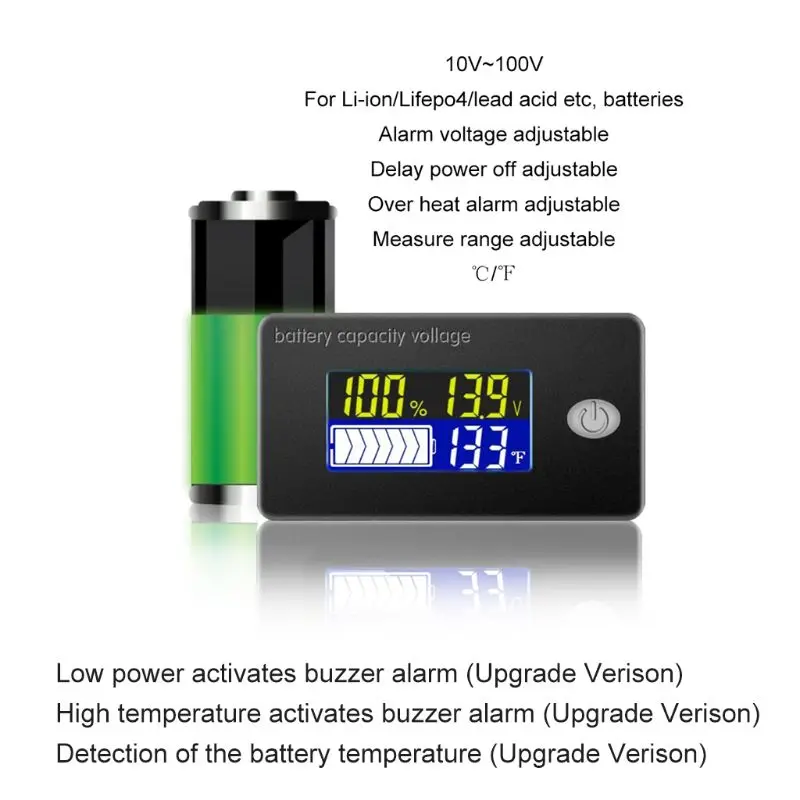 

DC 10V~100V Li-ion Lifepo4 Lead acid Battery Capacity Indicator with Alarm Temp 652A