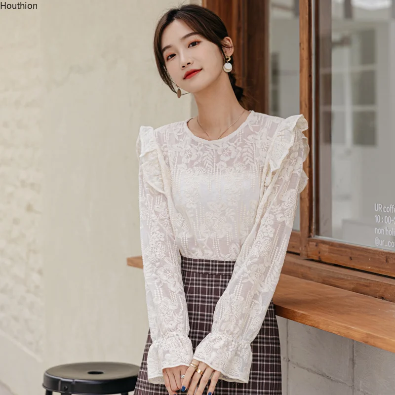 

Women's Blouses Lace Shirts Fashion Top Casual Shirt Long Sleeve Summer Blouse Plus Size Solid O-neck Tops Houthion Button Lady