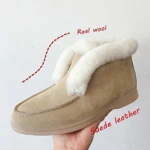 Hpt Top Ankle Boots Cow Suede Leather Boots Natural-fur Warm Winter Boots Slip-on Snow Boots for Women Big Size 45 Wool Shoes
