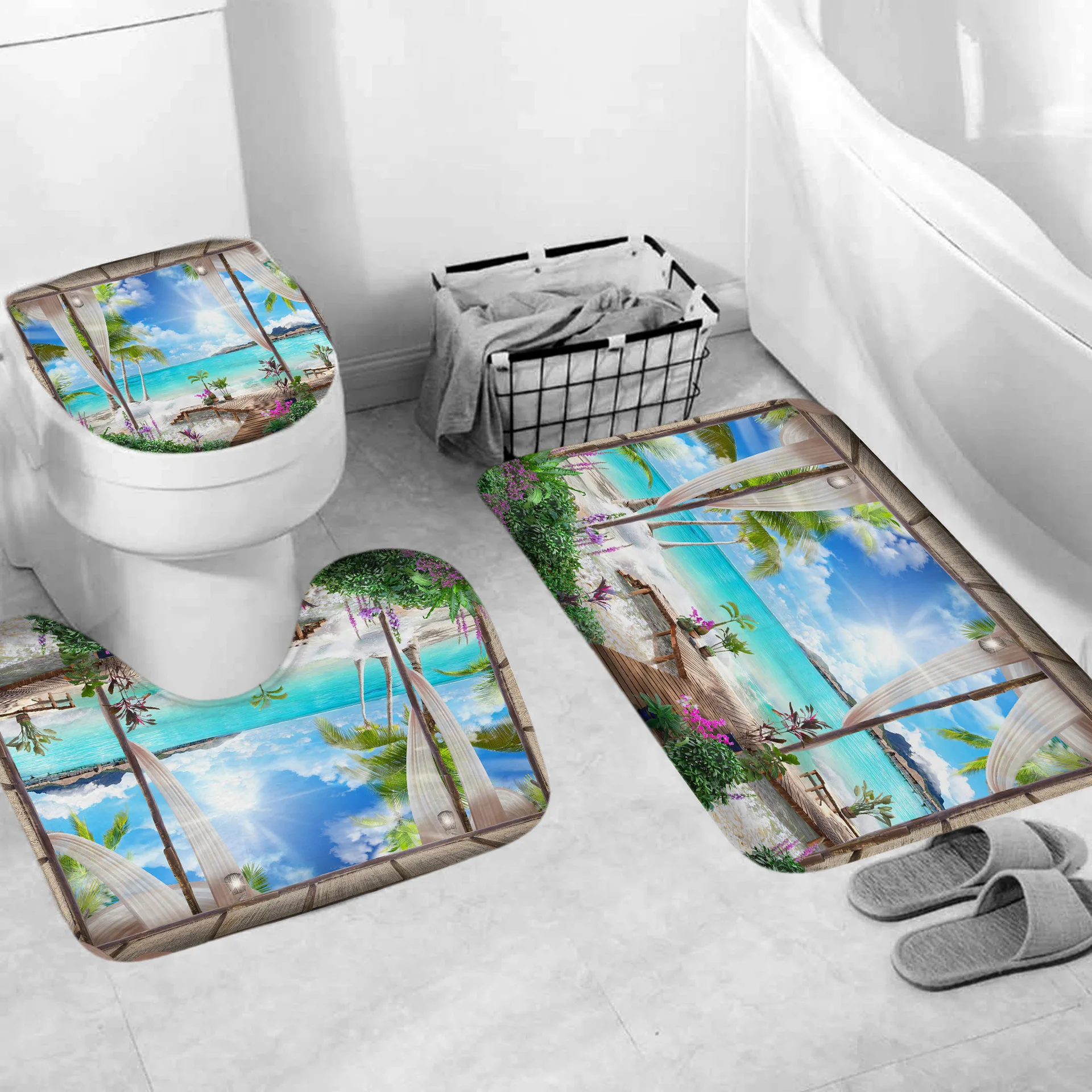 Пляжная занавеска для душа отпуска набор ковриков ванной коврики морской пейзаж