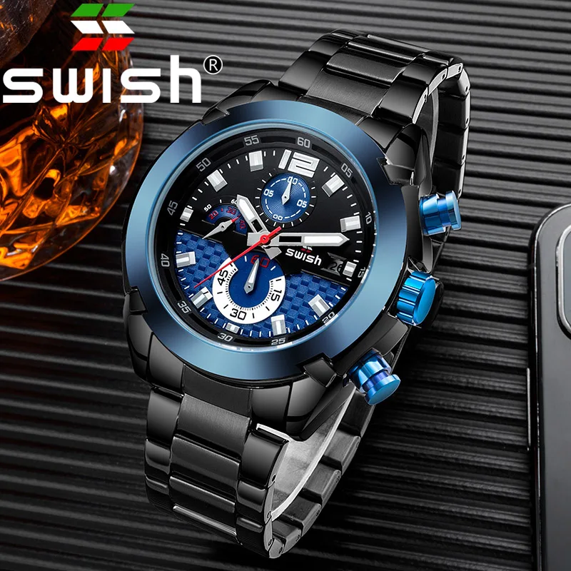 SWISH мужские модные деловые часы Топ люксовый бренд из нержавеющей стали для