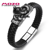 hot men 2020 bracelet genuine leather stainless steel snake bangle male grid collocation punk cuffs jewelry