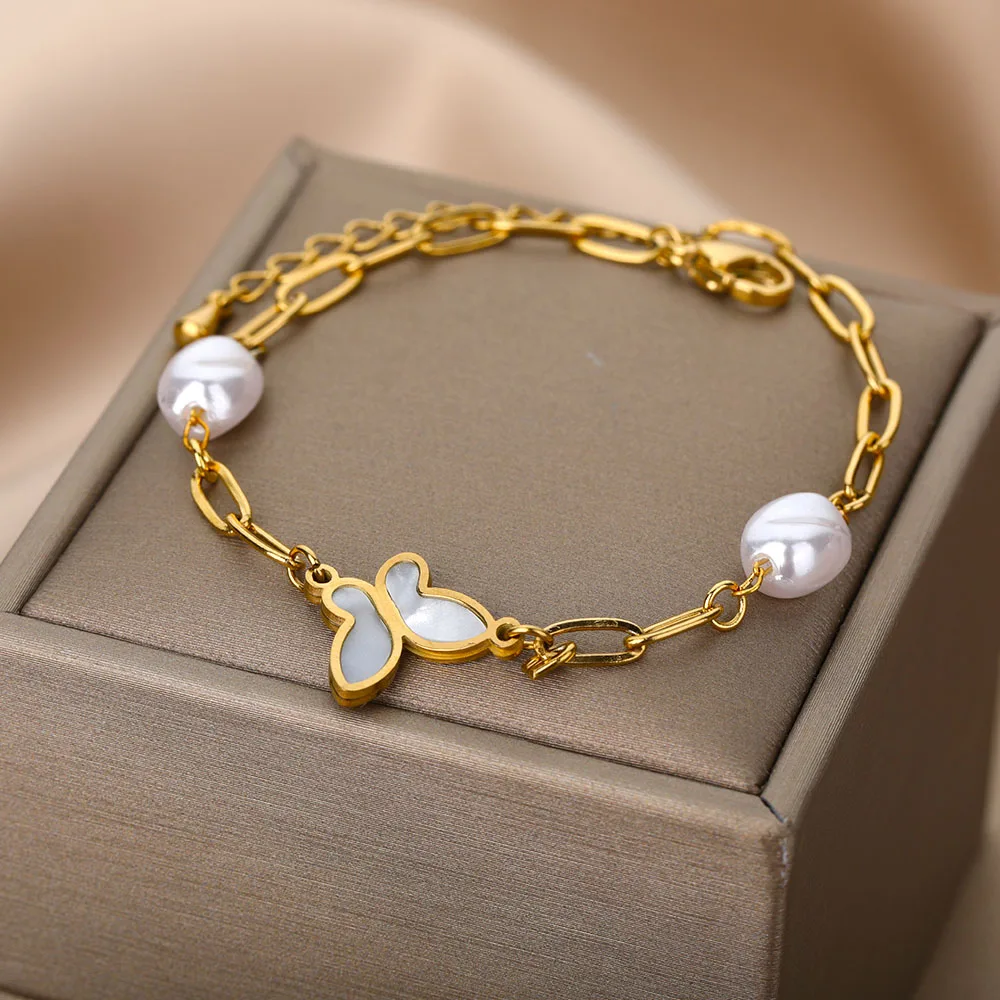 

Aesthetic Opal Butterfly Imitation Pearl Wrist Bracelets For Women Stainless Steel Gold Pin Chain Jewelry Gifts Bijoux Femme