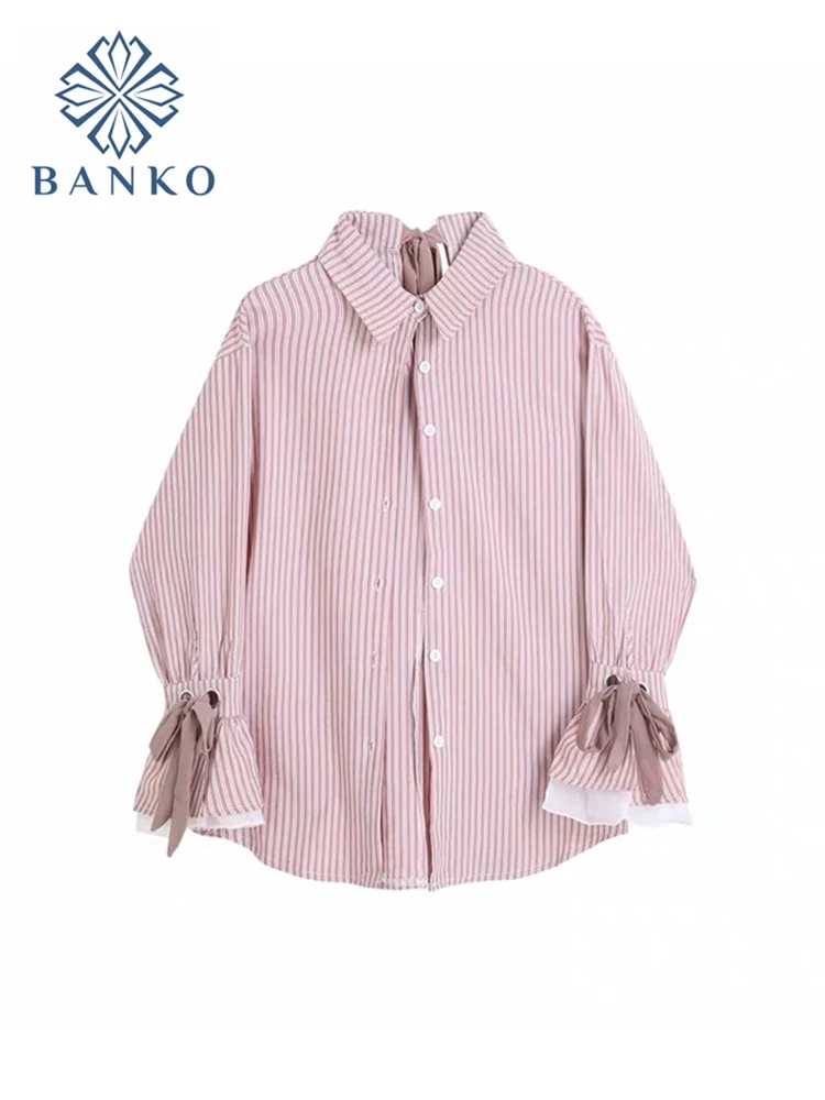 Woman Shirt Tops Spring Long Sleeve Striped Lace Up Clothes Korean Fashion Sweet Pink Bow Loose Polo Casual All-Match Shirt Lady