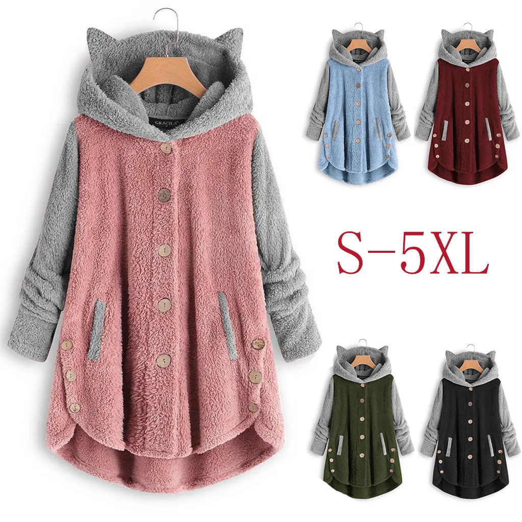 Women Hooded Cardigan Autumn Fuzzy Jacket Winter Open Front Fleece Coat Outwear with Pockets XXXXXL