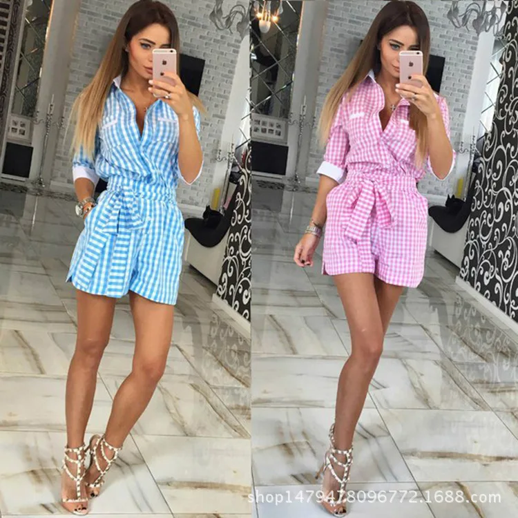 

Женский Повседневный комплект из двух предметов, облегающий пикантный костюм в клетку с коротким рукавом, лето 2021