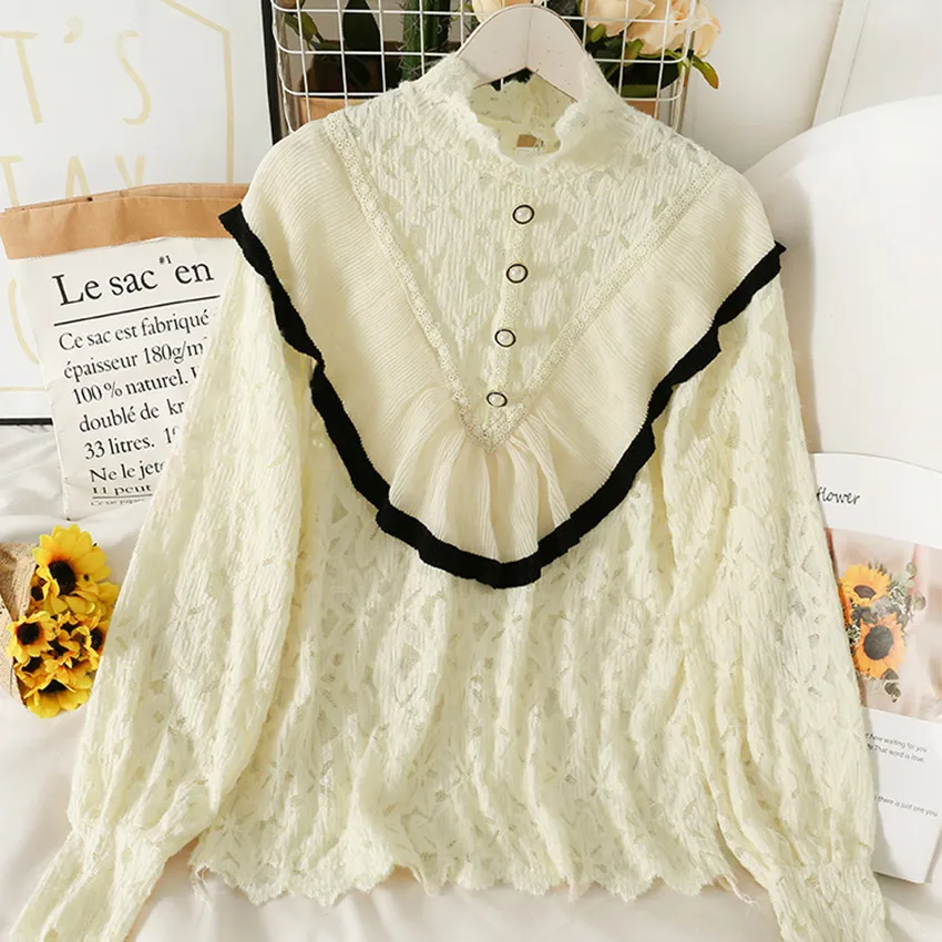 

Осенне-зимняя теплая плотная кружевная блузка, корейская мода, элегантные блузки с оборками, женские топы, белая рубашка, женская блузка