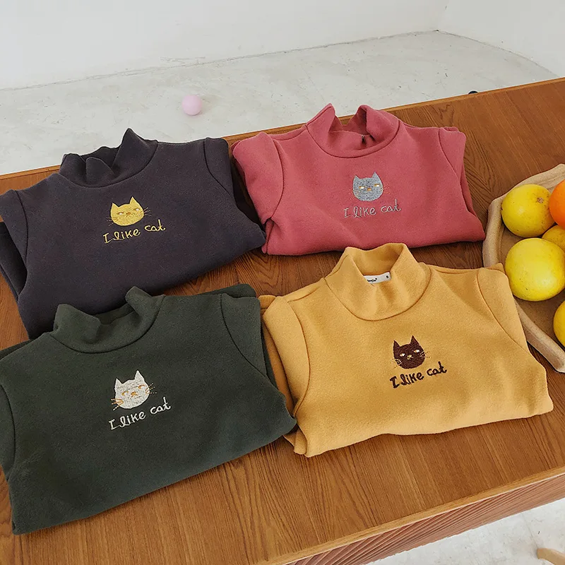 Зимние Детские футболки с вышитым котом подкладкой из флиса Теплые Топы 4 цветов