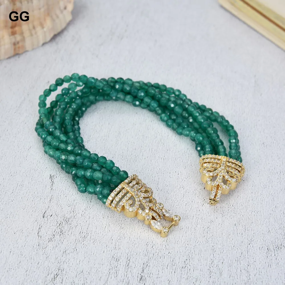 

GG Jewelry 8'' 7 Rows Green Agate Gems Stone Bracelet Cz Clasp